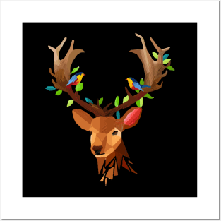 Deer T-Shirt - Deer Face Polygon With Birds Design Posters and Art